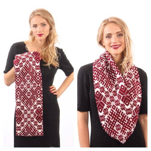 Red and white loop scarf with Latvian symbols