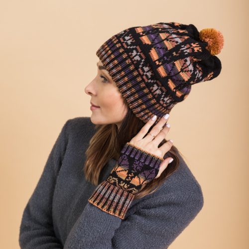 Hand knitted hat in black with orange fair isle pattern and fingerless gloves